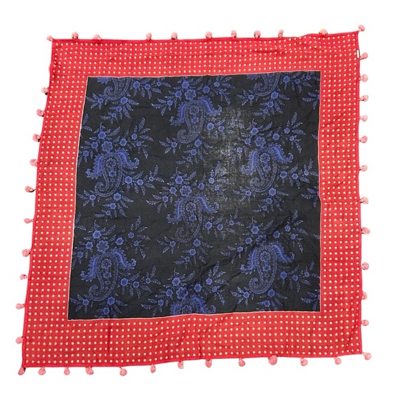 Accessories - Indigo Silk Spot Scarf with Paisley & Pom-Pom Trim